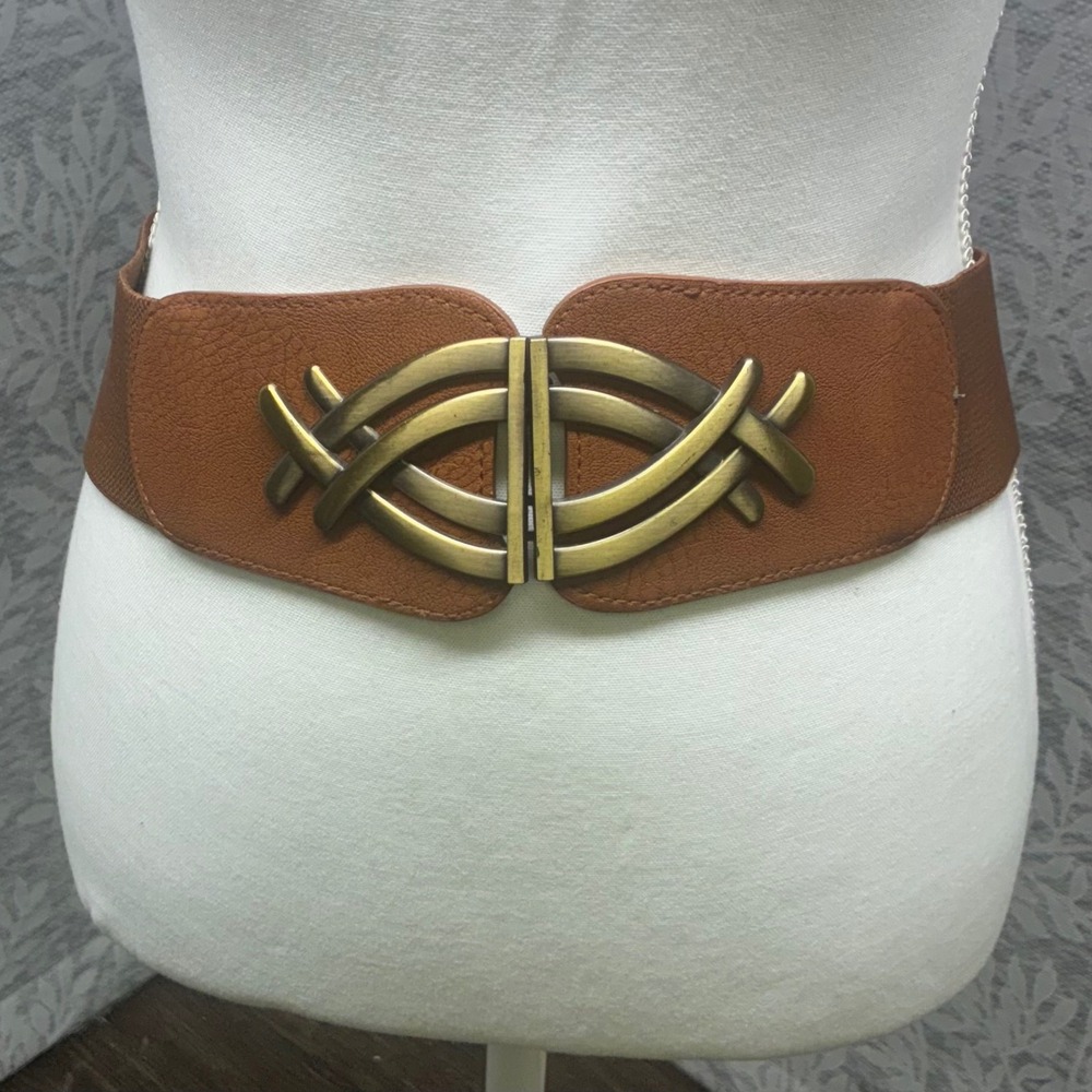 Wide Brown Stretch Waist Belt Antique Gold Geometric Buckle Boho S M
